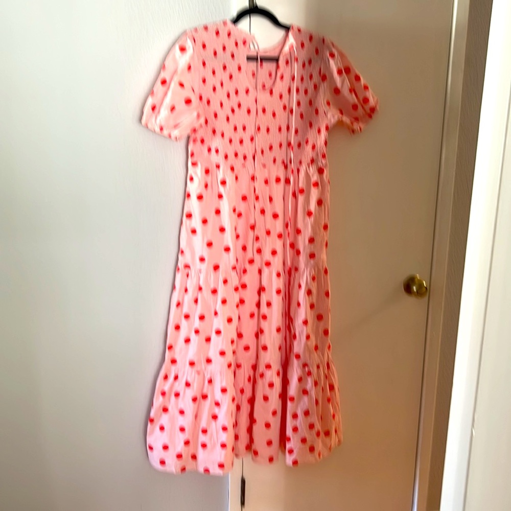 Pink with red polka dot long dress.  Smocked dress